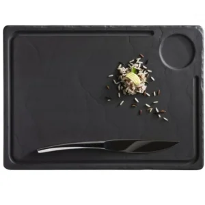 Discount Assiette à steak rectangulaire de 13" x 9.5" avec encoche ronde Basalt - Noire - 3 par boite Vaisselle