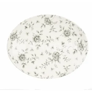 Fashion Assiette ovale coupe de 12.5" x 10" à fleurs grises Vintage Prints - Grey Rose Chintz - 12 par boite Vaisselle